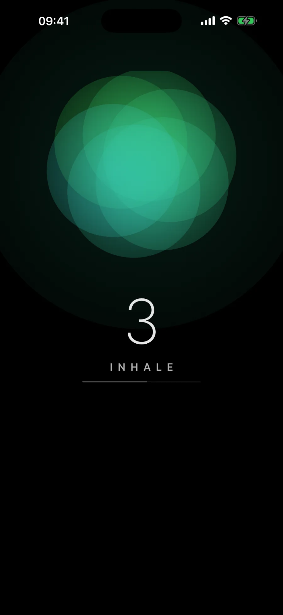 Inhale app guided breathing circle glowing mid-expansion during a Coherent Breathing session, cueing Inhale through your nose with a live phase countdown
